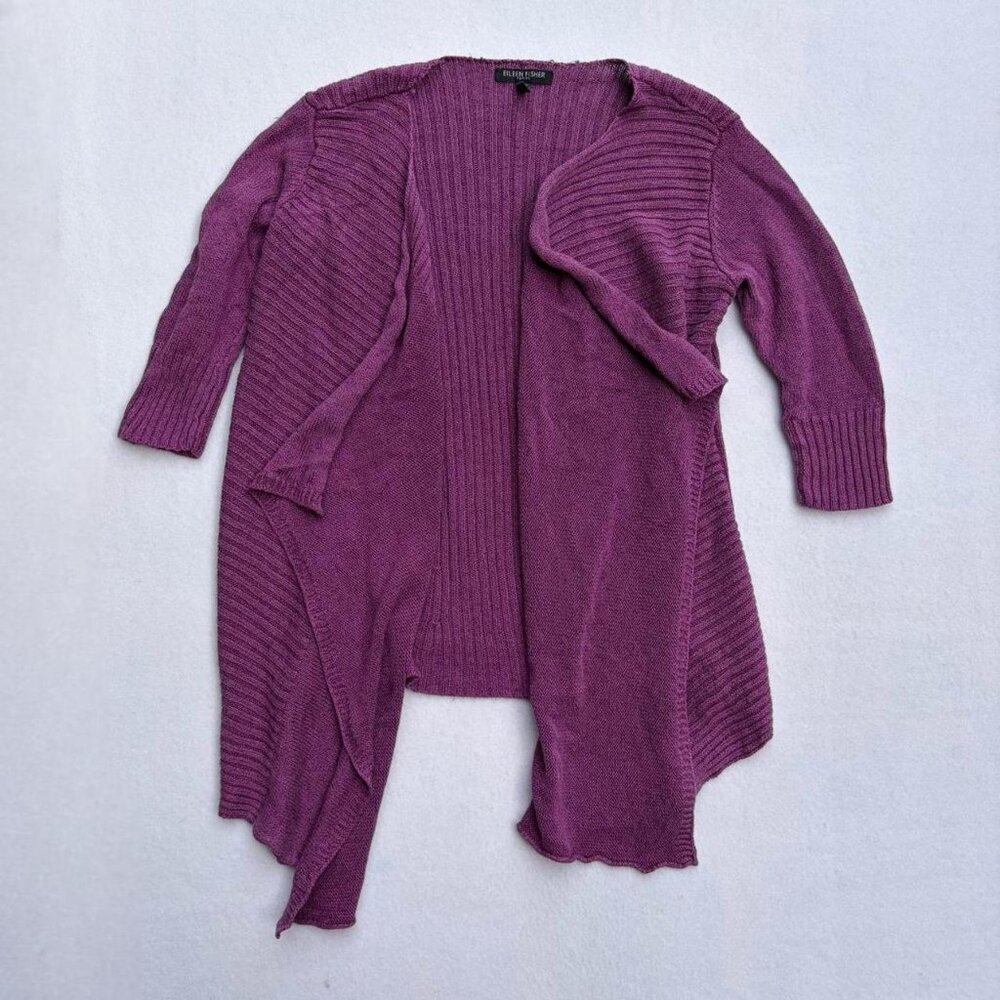 Eileen Fisher Open Front Silk Linen Short Sleeve Waterfall Knit Cardigan Size PP